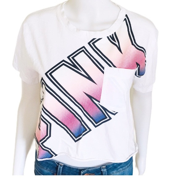 PINK Victorias Secret Pocket Crop Top/Tee With Pink Graphic Print Ivory Sz Small - Picture 1 of 11